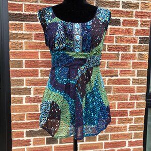 Melanie Lyne Abstract Print Sleeveless Blouse Back-Tie Waist M/L